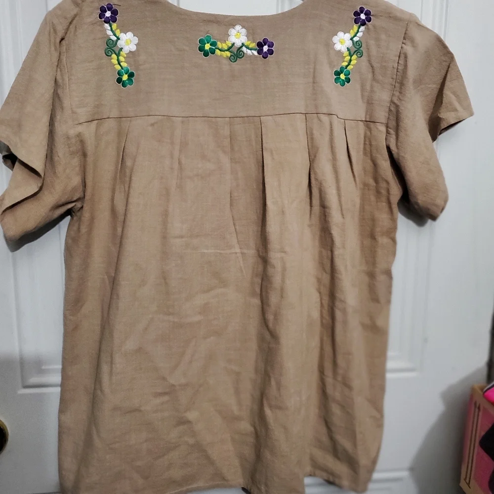 Embroidered Florals Khaki Short Sleeve Peasant top XL NWOT Bohemian YZXDORWJ - Picture 7 of 7